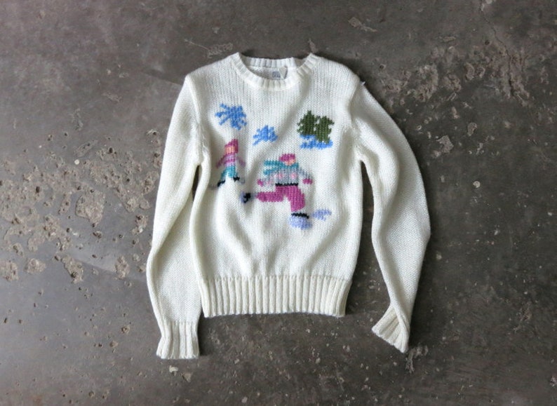 White Ice Skating Sweater Preppy Vintage Ski Sweater Knit Etsy