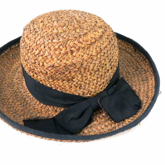 Vintage Woven Straw Garden Hat with Black Bow | M… - image 4