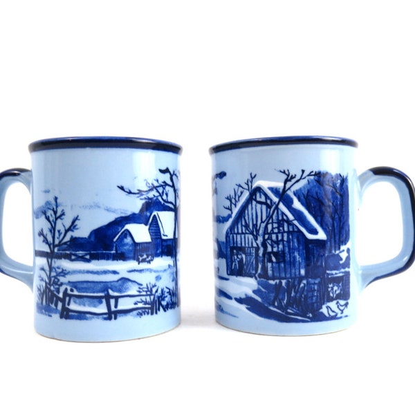 Vintage Blue Mugs Winter Snow Farm Scenic Mugs Ceramic Country Kitchen Home Decor Set of 2 Modern Ranch Home Serving Coffee Tea Cups