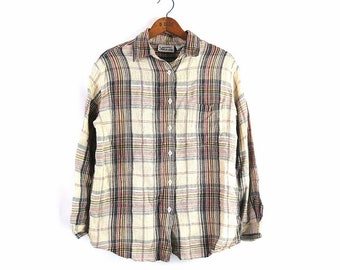 90s Plaid Blouse Collared Oxford Shirt Vintage Lemon Grass Button Up Shirt Women's Size Small