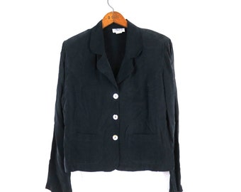 Soft Black Rayon Blazer 90s Suit Jacket Shell Button Dress Jacket / Women's Medium