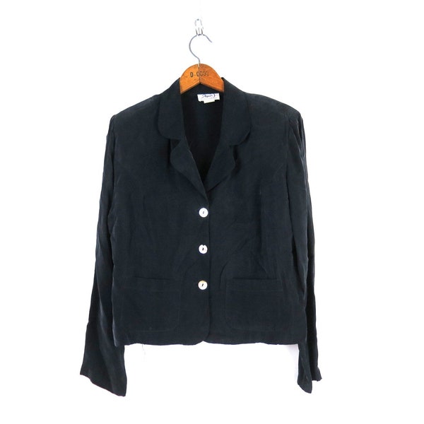 Soft Black Rayon Blazer 90s Suit Jacket Shell Button Dress Jacket / Women's Medium