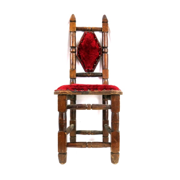 Children's Wooden Chair / Child's Gothic Red Velvet Wood Chair / Vintage Wood Chair for Kids