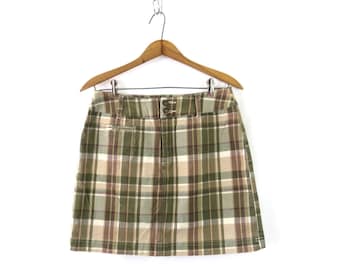 Plaid Mini Skirt | 90s Vintage Skort | Green Cotton Mini Skirt with Shorts / Women's 8