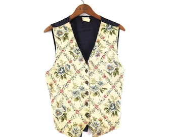 Vintage Floral tapestry Vest Sleeveless Flower Pattern Tank Top Jacket 90s Cottagecore Boho Vest / Medium