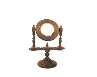 Espelho giratório vintage de madeira com pedestal: Espelho de maquiagem artesanal para penteadeira, decoração de quarto e casa / No estado em que se encontra