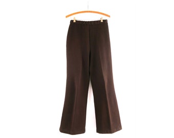 Vintage 1960s Polyester Pants Dark Brown Front Pleat Slacks Elastic Waist Trousers Women's Size 28 Inch Waist