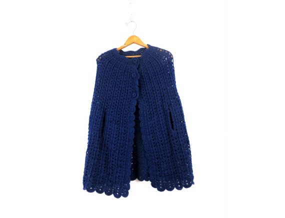 Boho Poncho Blue Crochet Afghan Knit Shawl Button… - image 1