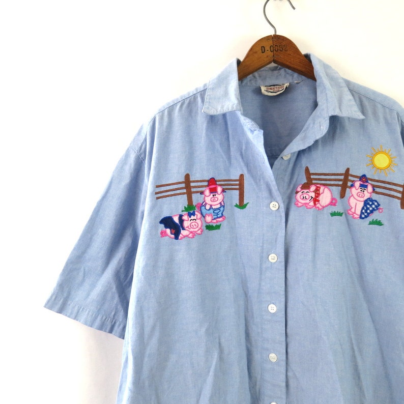 avec appliqués Farmer Pigs Chemise boutonnée surdimensionnée chemise vintage Crafty Cottagecore Taille Plus pour femmes 2X image 3