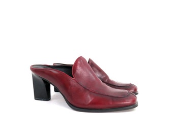 Vintage Dark Red Leather Mules 90s Shoes High Heel Slip On Shoes Leather Clogs women's shoes Size 8.5