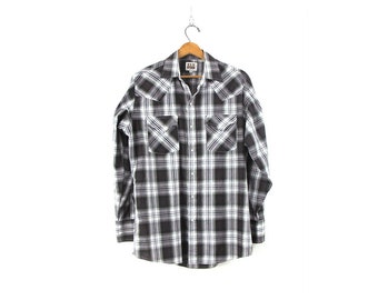 Men's Cowboy Shirt Black Plaid Rockabilly Shirt Vintage Western Wear ELY Shirt Pearl Snap Cowboy Shirt Boyfriend Shirt Men's Medium