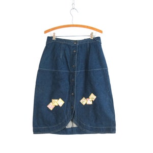 Patchwork Jeansrock High Waist Jeans Rock Midi Vintage Cottagecore Rock Damen Größe 28 W