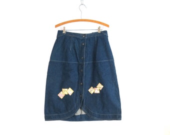 Patchwork Jean Skirt High Waist Denim Midi Skirt Vintage Cottagecore Button Down Skirt Women's Size 28 W