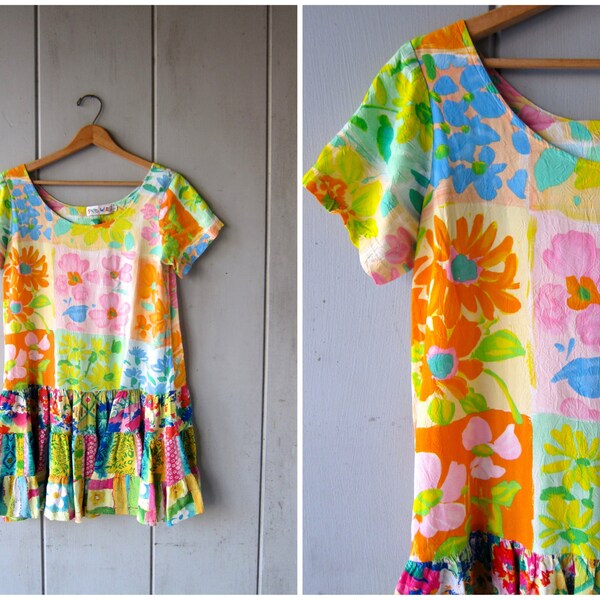 90s Floral Dress Flower Patchwork Mini Dress Colorful Rayon Dress Babydoll Minidress Orange Pink Yellow Vintage Hippie Boho Womens Medium
