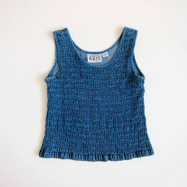 Denim Tank Top | Ruched Jean Top | Minimal Stretch Denim Shirt Womens 90s Simple Denim Tank Top Vintage Medium