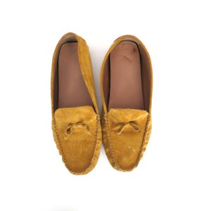 Tan Suede Leather Shoes | Minimal Leather Slip Ons | Leather Moccasins | Modern Minimal Loafers | Women&#39;s Size 9