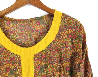 Indisches Tunikakleid mit Blumenmuster | Vintage-Kaftan-Kleid, ethnisches Indien-Kleid, Boho-Tunika-Top, dünnes Baumwoll-Festival-Shirt, Damen-M