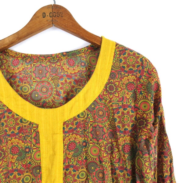 Floral Indian Tunic Dress | Vintage Caftan Dress Ethnic India Dress Bohemian Tunic Top Thin Cotton Festival Shirt Women's M