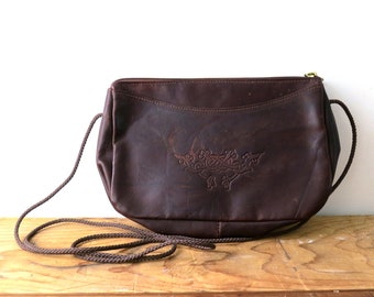 Dark Brown Leather Purse | Small Tooled Leather Boho Bag | Vintage Cross Body Purse