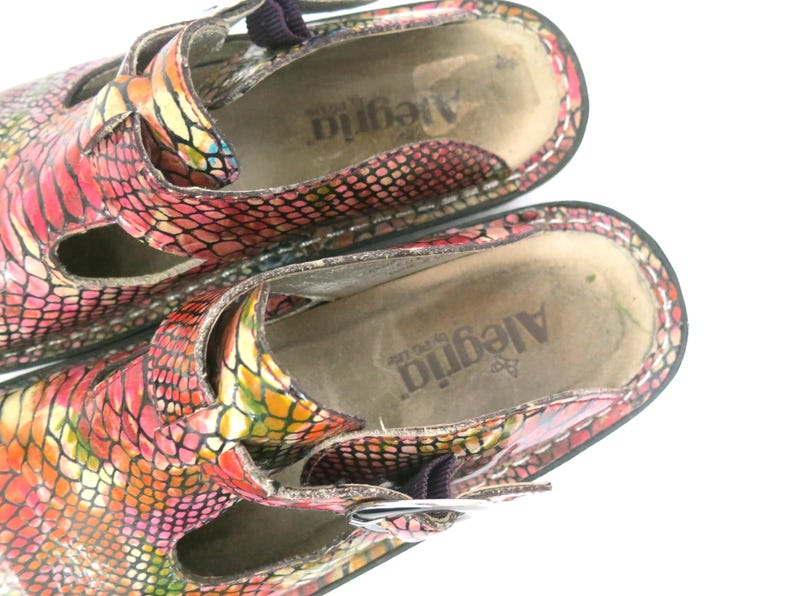 May include: Close-up of a pair of Alegria brand clogs. The clogs feature a colorful snakeskin pattern in shades of red, pink, yellow, and green. The interior of the shoe is a neutral beige color with the brand name printed on the insole.