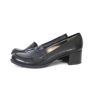 Vintage Black Leather Chunky Heel Loafers - Women&#39;s Size 8.5 N