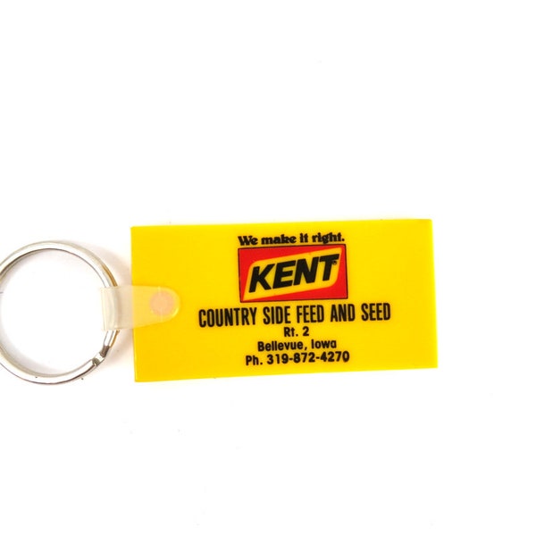 Vintage Kent Feeds Key Chain / Novelty Car Keychain / Yellow Rubber Bellevue Iowa Advertising