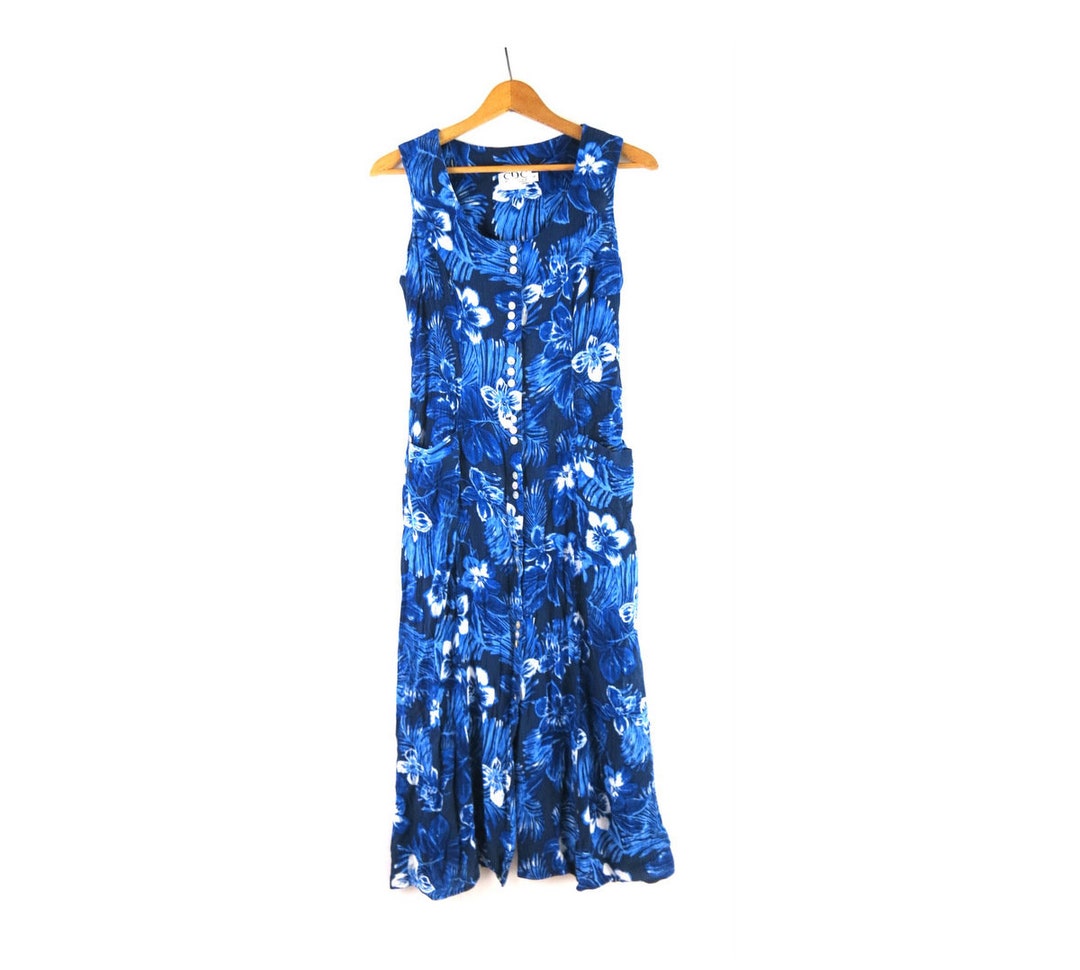 Blue Floral Dress Button Down Sundress Tropical Flower Pattern Dress — free download
