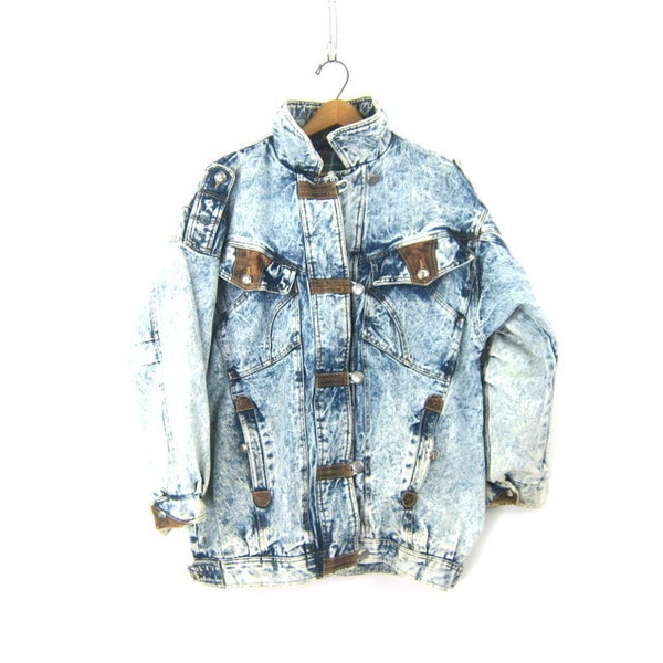 80s acid wash jean jacket Oversized Denim Coat Distressed Parka Duffel Coat Long Denim Coat Vintage Urban Streetwear Womens Large XL