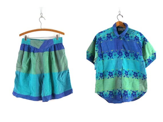 90s 2 Piece Shirt & Shorts Matching Short Sleeve … - image 1