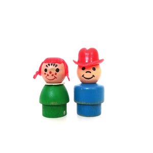 Vintage Fisher Price Little People / Wooden Cowboy and Red Head Girl