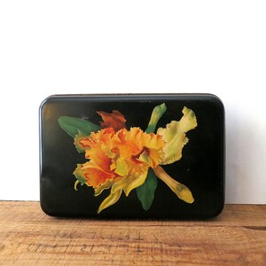 Vintage Helen Harrison Candies Tin | Black Floral Tin Storage Container | Metal Box With Lid