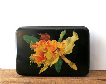 Vintage Helen Harrison Candies Tin | Black Floral Tin Storage Container | Metal Box With Lid