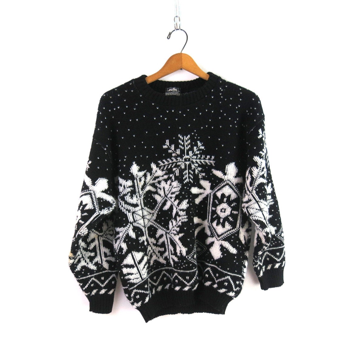 Black White Snowflake Sweater Vintage 90s Dad Ski Sweater Size