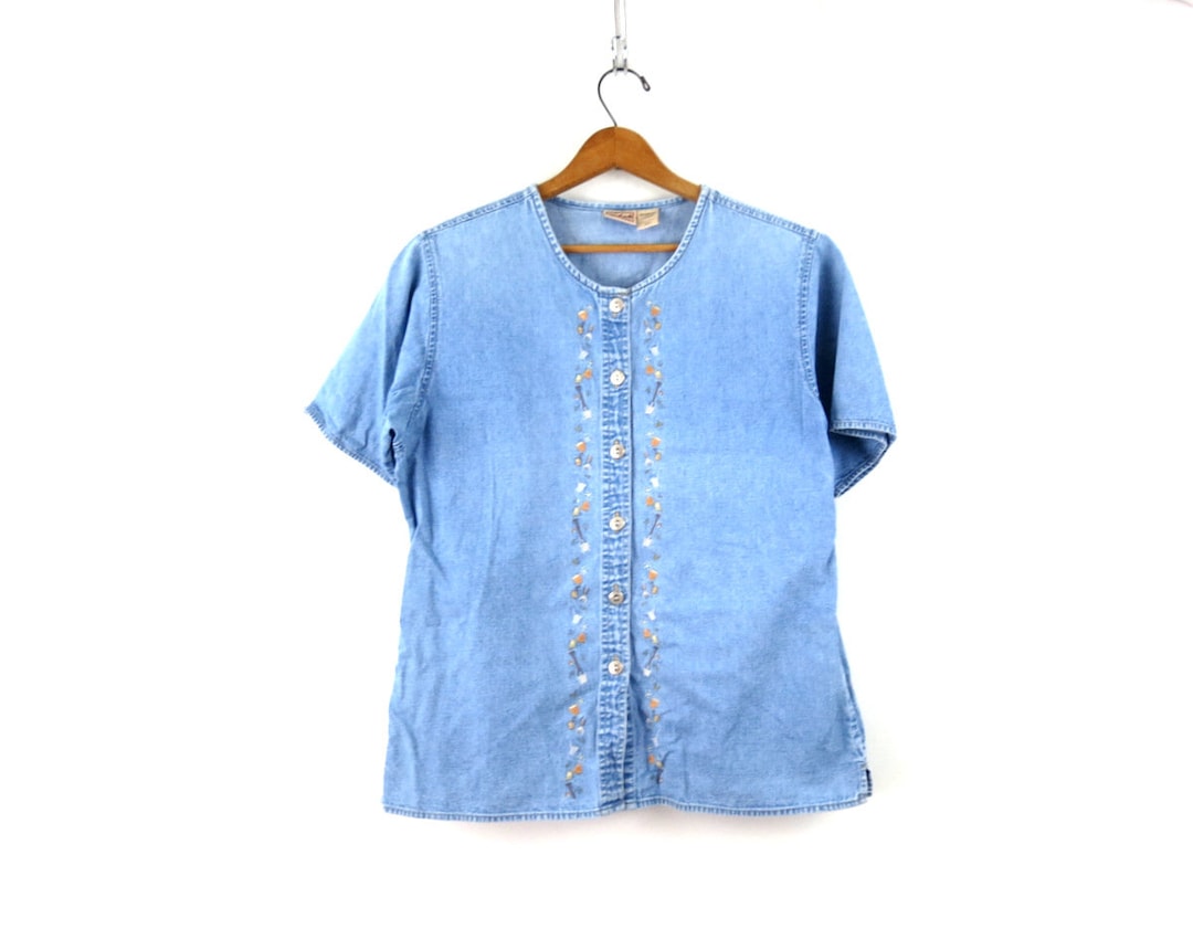 Embroidered Denim Shirt Vintage Collarless Jean Shirt Button - Etsy