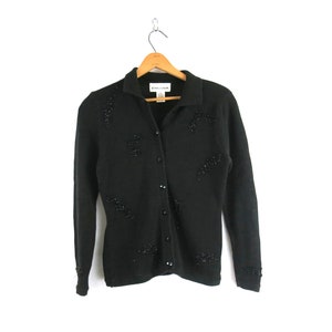 Black Beaded Sweater Cardigan Vintage 90s Button Up Cardigan Sweater Holiday Flowers Floral Beading Women&#39;s Size Small