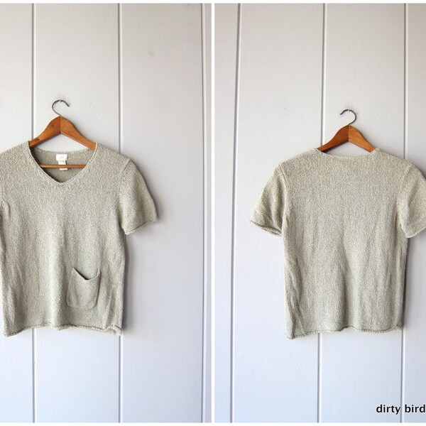 Silk Knit Top | Sage Green Nubby Shirt | Short Sleeve Sweater Top | Preppy Modern Minimal Basic Tee with Pocket Spring Sweater Womens Medium