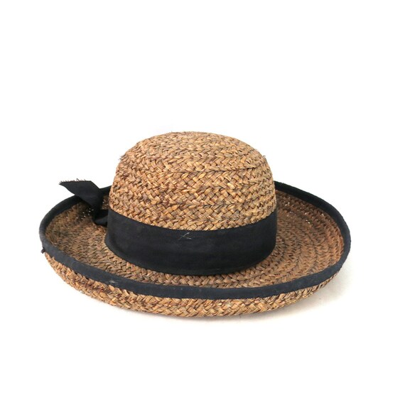 Vintage Woven Straw Garden Hat with Black Bow | M… - image 1