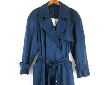 Dark Iridescent Blue Raincoat | 90s Long Overcoat Parka Jacket | Vintage Trench Coat / Women's 16 P