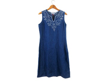 Vintage Blue Denim Dress Embroidered Jean Jumper Boho Mini Dress / Women's 10