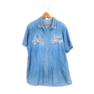 90s Vintage Embroidered Denim Shirt: Cottagecore Floral Jean Top XL