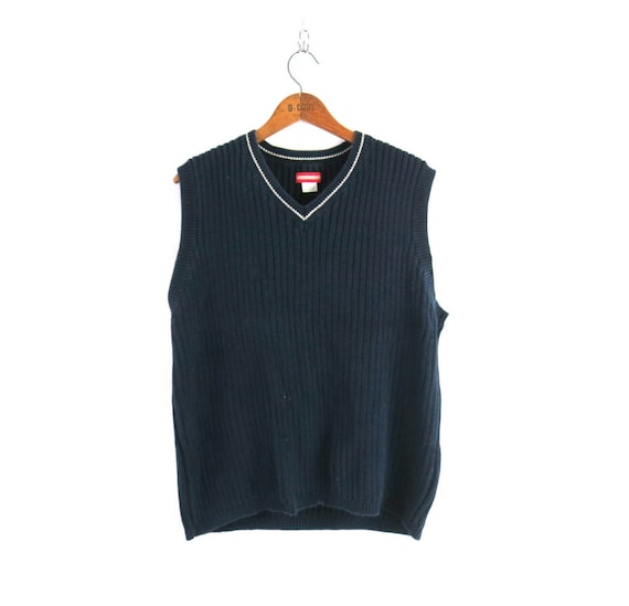 00s Navy Blue Sweater Vest Ribbed V-neck Slouchy … - image 1