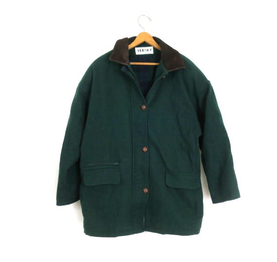 Vintage 90's Green Wool Blend Winter Coat Jacket with Suede Collar / Women's Medium