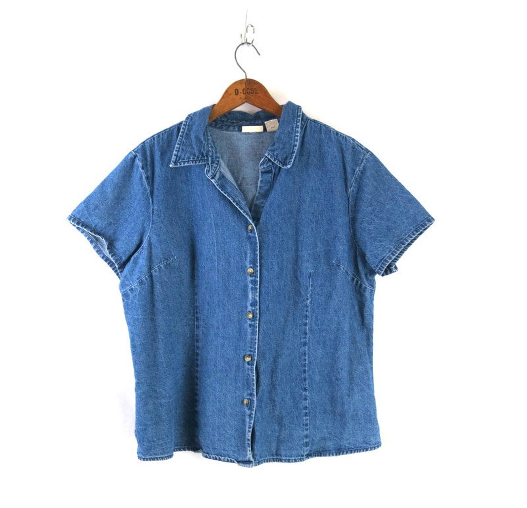 90s Short Sleeve Jean Shirt Vintage Blue Denim Blouse Button up Jean