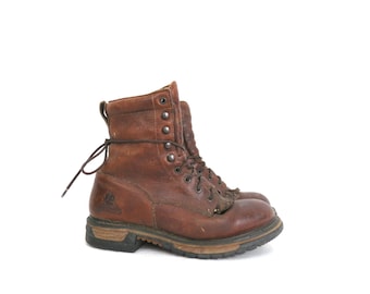 Vintage Brahma Work Boots: Distressed Tan Leather Lace up  display picture 1