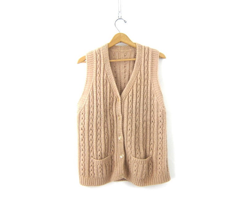 Long Knit sweater Vest Button Up Cableknit Cardigan Sweater top Boho Chic Button Down sweater with Pockets Women/'s Size Large
