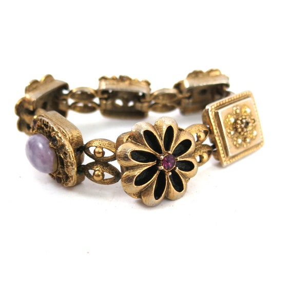 Vintage Chunky Floral Bracelet Flower Links with Purple Rhinestones