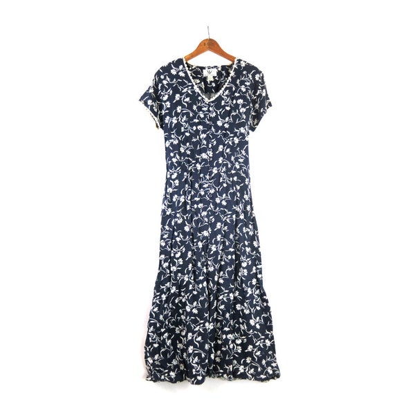 Vintage Floral Maxi Dress 90s Long Boho Prairie Dress Blue Flower Print Rayon Dress Women's size 10 / maq