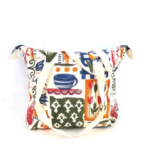 Vintage floral tote bag | carry on duffel bag | Coffee Cup Fabric bag | weekender travel tote