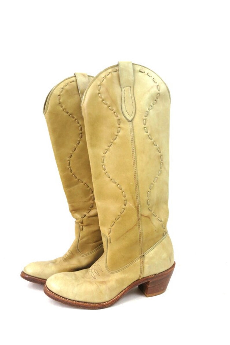 womens boho boots on Cowboy Western Boots Shoes 70s Cowgirl Boots Tall Western Boots Wooden Heel Boho Riding Boots Vintage Boots Womens Size 7 N
