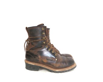 Vintage Carolina Work Boots, Dark Brown Leather Logger Boots, Men's Size 9